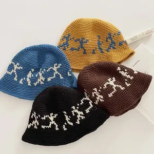 Retro Knitted Bucket Hat For Women Warm Crochet Fisherman Hat With Stick Figure Pattern Winter Woolen Basin Hat Daily Travel