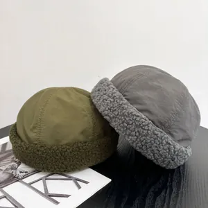 Outdoor fleece docker cap with nylon patchwork design in grey and army green colors