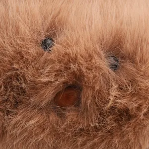 Close-up of soft plush cat hat featuring detailed black eyes and a dark brown nose