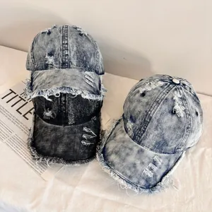 Retro Frayed Edge Washed Denim Style Baseball Cap Men Women Distressed Streetwear Adjustable Sun Protection Trucker Hat