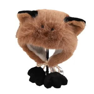 Brown plush cat ear hat with warm fleece lining and hanging paw decorations