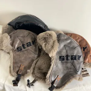 Bonnet d'aviateur d'hiver en similicuir avec broderie étoile et fourrure épaisse