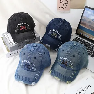 Vintage Washed Denim Baseball Cap Distressed Broken Hole Minnesota M Embroidery Adjustable Outdoor Dad Hat For Men Women