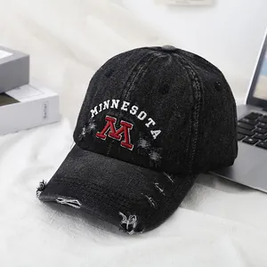 Distressed black denim baseball cap with Minnesota M letter embroidery for outdoor style
