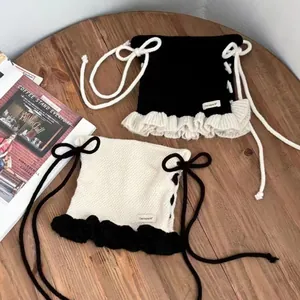 Crop Top en Tricot Sweet Lolita pour Femmes Nœud Lacets Latéraux Ourlet à Volants Bralette Sans Manches Camisole Décontractée