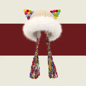 Simpatico Cappello con Paraorecchie in Maglia con Orecchie da Gatto Bordo in Pelliccia Sintetica Pompon Colorati Nappine Intrecciate Berretto Invernale Caldo per Donna