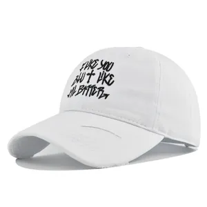White cotton baseball cap with black gothic I LIKE YOU BUT I LIKE ME BETTER embroidery