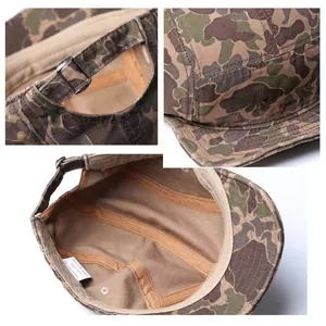 Detailed views of camouflage five-panel cap with metal strap and cotton lining