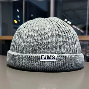 Gray ribbed knit beanie docker hat with FJMS label for men and women in hip-hop style