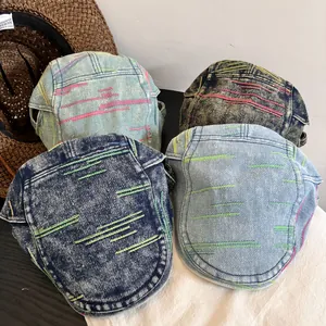 Vintage Washed Denim Newsboy Cap For Men Women Contrast Stitching Flat Top Beret Hat Casual Outdoor Sun Protection Flat Cap