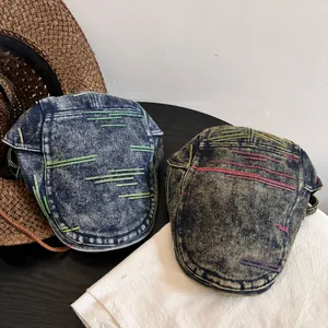 Vintage washed denim ivy cap with colorful embroidery details for men and women
