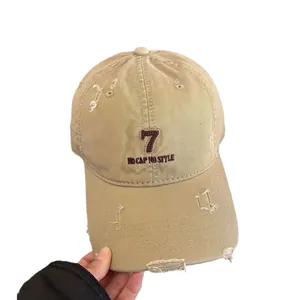 Khaki distressed denim baseball cap with number 7 and slogan embroidery