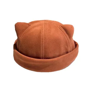 Caramel brimless docking cap with 3D cat ears in Japanese street style streetwear
