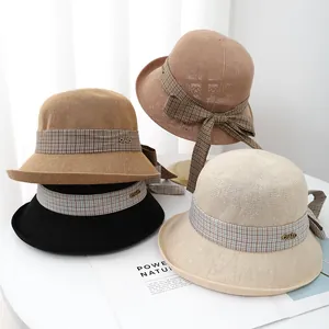 Women Summer Straw Bucket Hat With Checkered Ribbon Bowknot Sun Protection Breathable Wide Brim Beach Sunshade Fisherman Hat