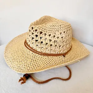 Chapeau de cowboy en paille ajouré avec mentonnière pour protection solaire de plage