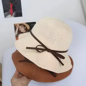 Women Bow Bucket Hat Cotton Blend Woven Sun Protection Summer Beach Foldable Wide Brim Hat For Outdoor Travel Sunshade