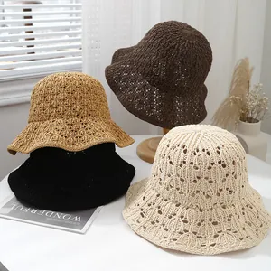 Women's Summer Crochet Hollow Out Bucket Hat Breathable Knitted Sun Protection Beach Hat Vintage Wavy Edge Fisherman Hat