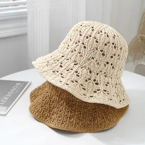 Minimalist hand-woven hollow crochet bucket hat for women in beige and caramel colors