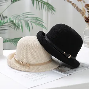Women's woven cloche hats with decorative leather belt buckle in black and beige colors