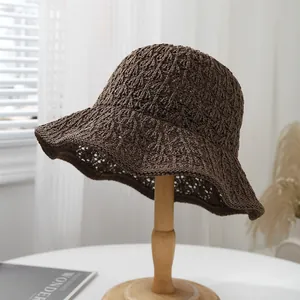 Classic dark brown crochet bucket hat with breathable hollow knit for summer beach sun protection