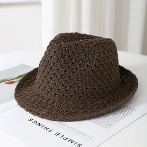 Dark brown breathable hollow knit sun hat for women with minimalist summer style