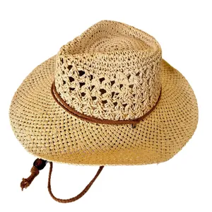 Chapeau de soleil en paille style cowboy avec tissage ajouré et cordon ajustable