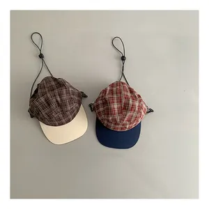Vintage plaid flat brim baseball caps with adjustable windproof drawstring and patchwork