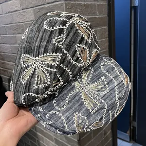 Damen Koreanischer Stil Pailletten Blumen Bestickte Baskenmütze Acryl Gewaschene Denim Optik Schirmmütze Mode Elegant Herbst Winter Accessoire