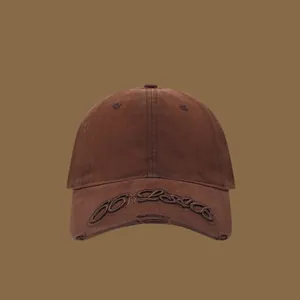 Distressed dark brown washed cotton baseball cap with vintage embroidery for streetwear