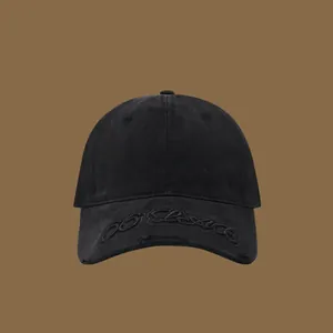 Vintage washed black baseball cap with distressed brim and 3D letter embroidery for unisex