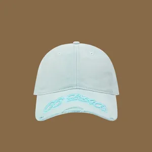 Close-up of light blue distressed cotton canvas with fine cursive embroidery on the brim