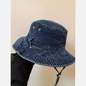 Retro Washed Denim Bucket Hat For Men Women Sun Protection Outdoor Hiking Climbing Fishing Cap With Adjustable Windproof String