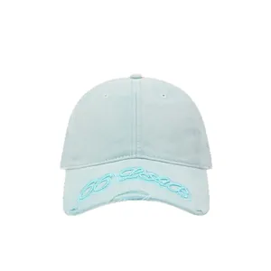 Distressed vintage light blue baseball cap with 3D letter embroidery and torn brim