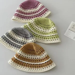 Women Handmade Crochet Bucket Hat Cotton Blend Hollow Out Floral Striped Sun Protection Retro Japanese Style Summer Hat