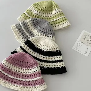 Japanese style hollow crochet knit bucket hats for women in four vintage floral colors
