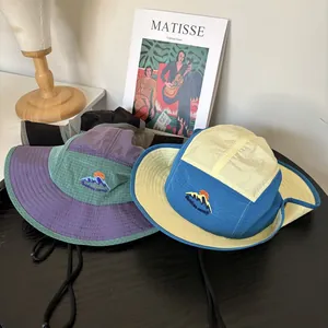Outdoor Mountain Embroidery Patchwork Bucket Hat For Men Women Cotton Blend Quick Dry Sun Hat With Adjustable Drawstring