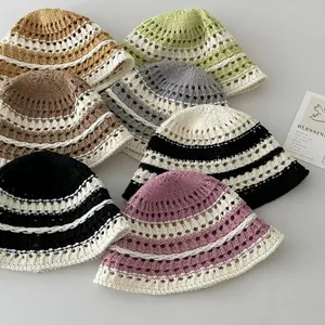 Japanese style hand-knitted hollow floral bucket hats in multiple vintage color options