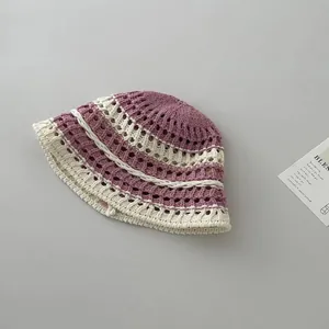 Japanese style hand-knit striped hollow flower bucket hat in purple and beige