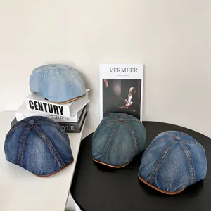 Vintage Denim Beret Hat For Women Men Japanese Style Contrast Stitching Flat Cap With Leather Edging Retro Newsboy Cap