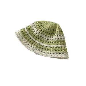 Japanese style handmade hollow crochet floral bucket hat in light green and cream white