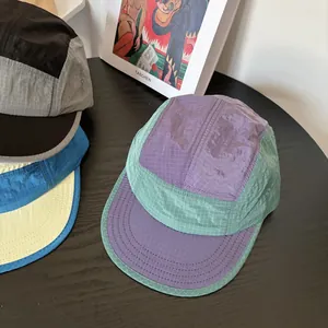 Outdoor color-block ripstop nylon camp cap with breathable mesh and 5-panel sunshade design