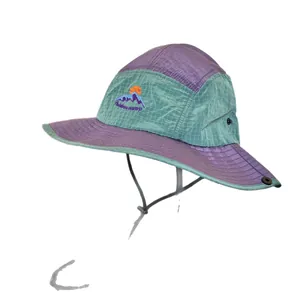 Quick-dry hiking bucket hat with mountain embroidery and adjustable windproof strap