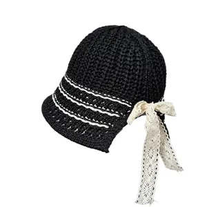 Summer black woven straw sun hat with white lace ribbon bow for women's casual style