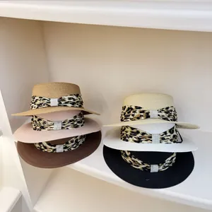 Women Summer Boater Straw Hat Flat Top Sun Hat Leopard Print Ribbon Bow Pearl Decor Beach Travel Sunshade Wide Brim Hat