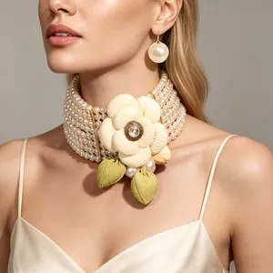 Elegant Multi Row Imitation Artificial Pearl Choker Necklace And Earrings Set Camellia Flower Rhinestone Fabric Leaf Jewelry