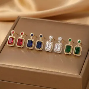 Boucles D Oreilles Clous Rectangulaires En Pierre Bleue Pour Femmes Bijoux Élégants En Alliage Strass Zircon