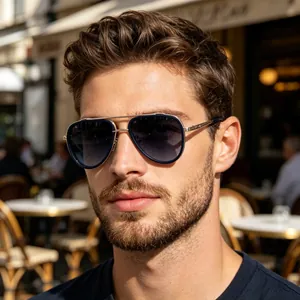 Close-up of a male model wearing double-bridge pilot sunglasses in a sunny outdoor setting