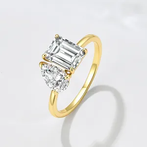 925 Sterling Silver Double Stone Ring For Women Pear And Emerald Cut Zirconia Toi Et Moi Geometric Open Ring Jewelry Gift