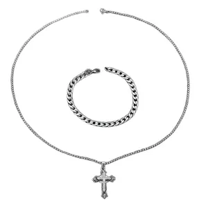 Hip hop silver jewelry set with triple cross pendant necklace and cuban chain bracelet