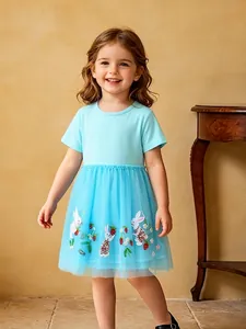 Toddler Girls Summer Short Sleeve Princess Dress Soft Cotton Mesh Stitching Embroidered Rabbit Strawberry Party Dress